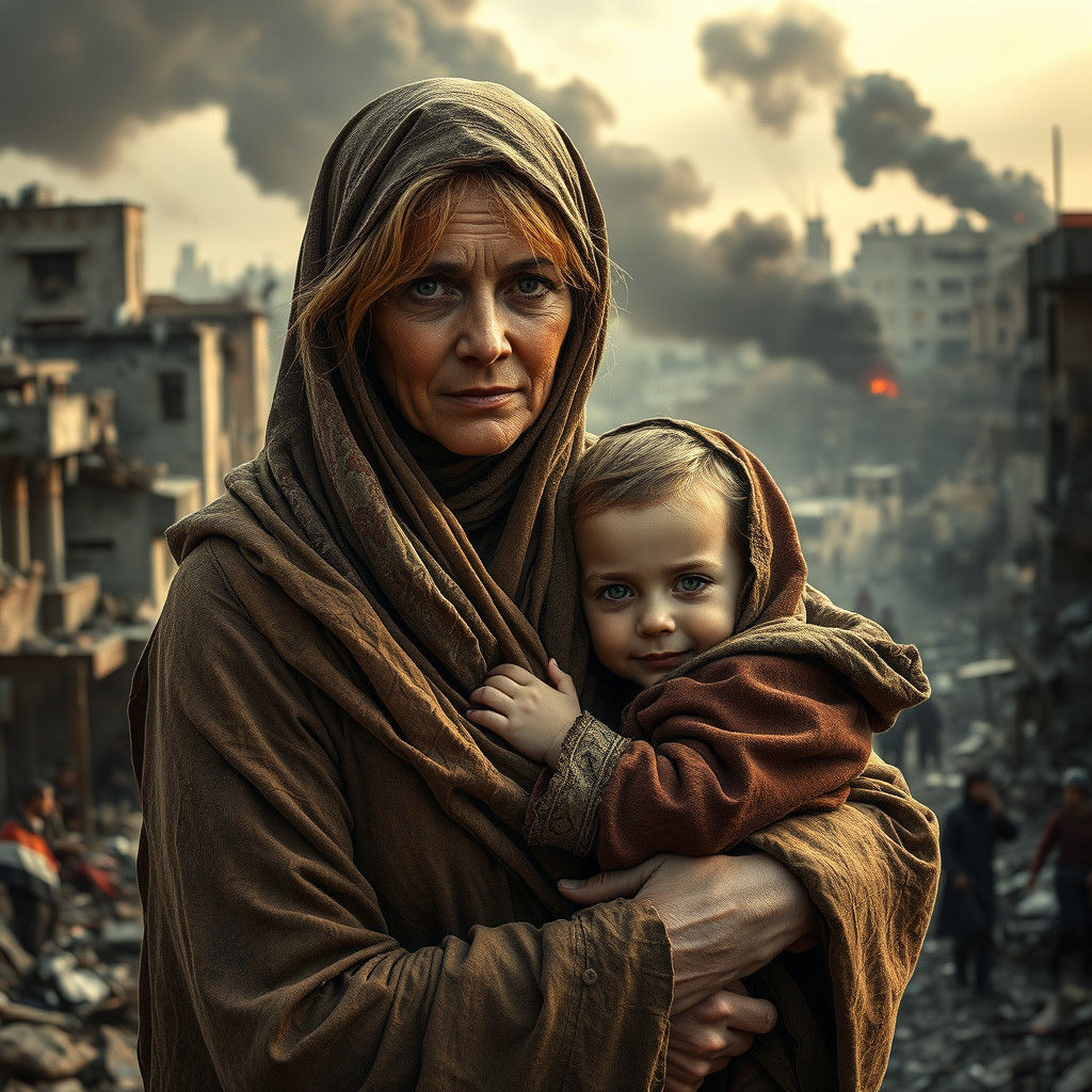 Resilient Woman and Child in War-Torn Cityscape