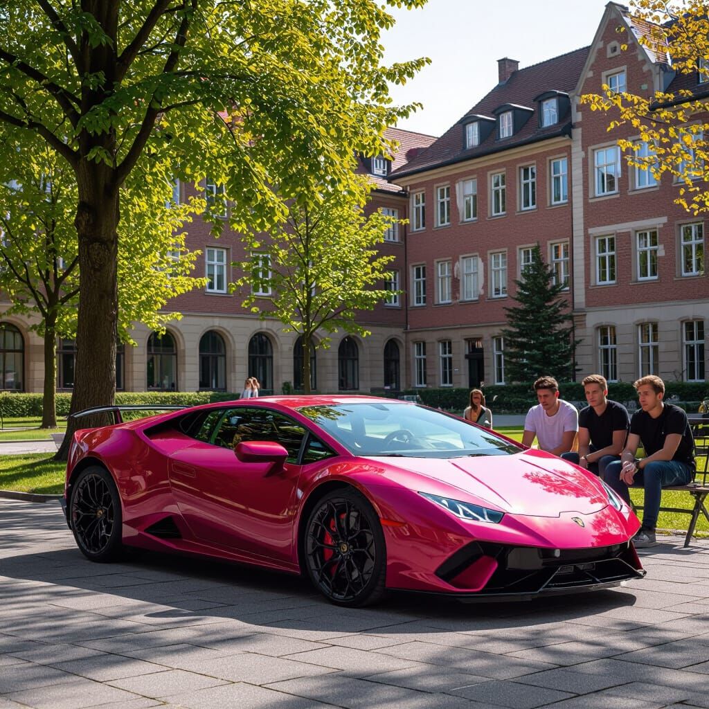 Red and Pink Lamborghini on Sunny School Lot