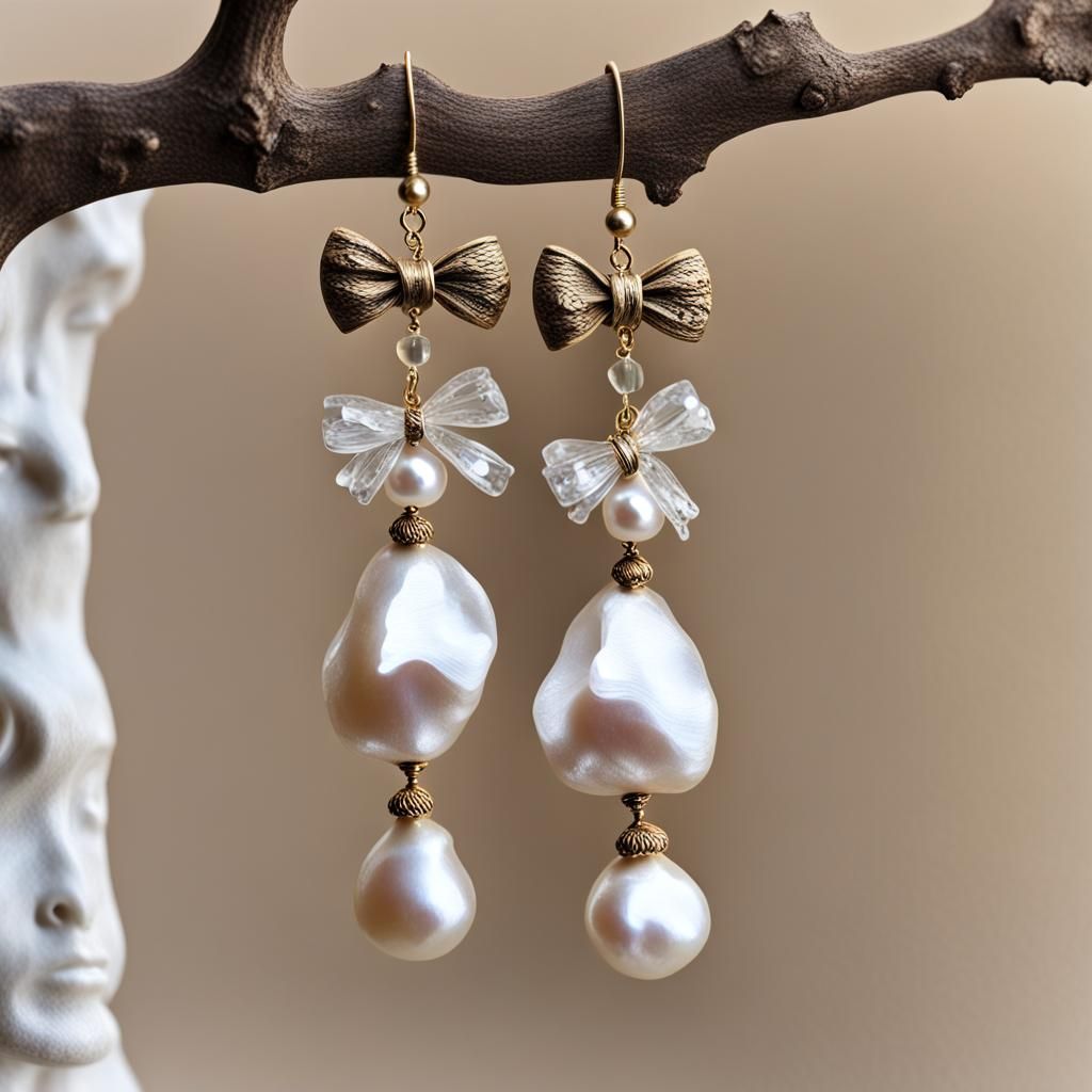 Oak, Crystal, and Pearl Earrings with Bow