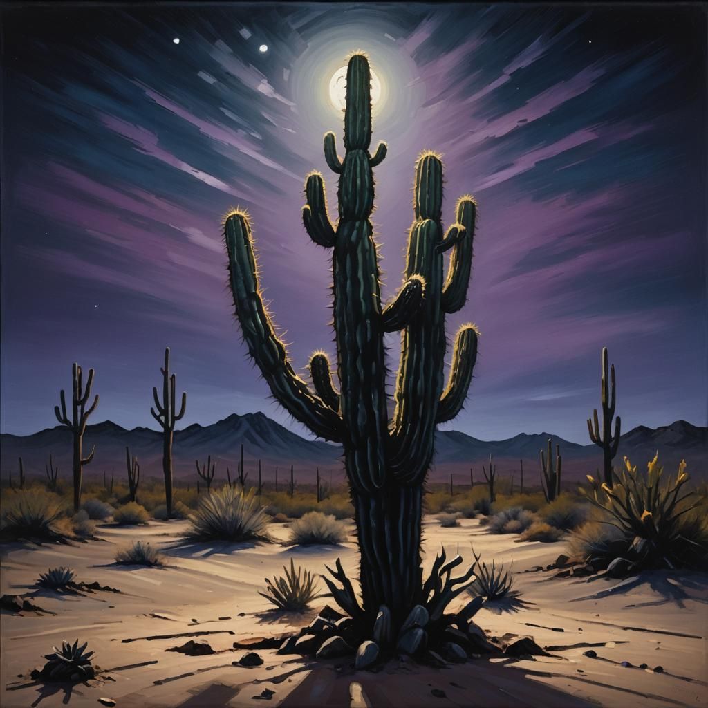Surreal Cactus in Dark Desert Night Oil Painting