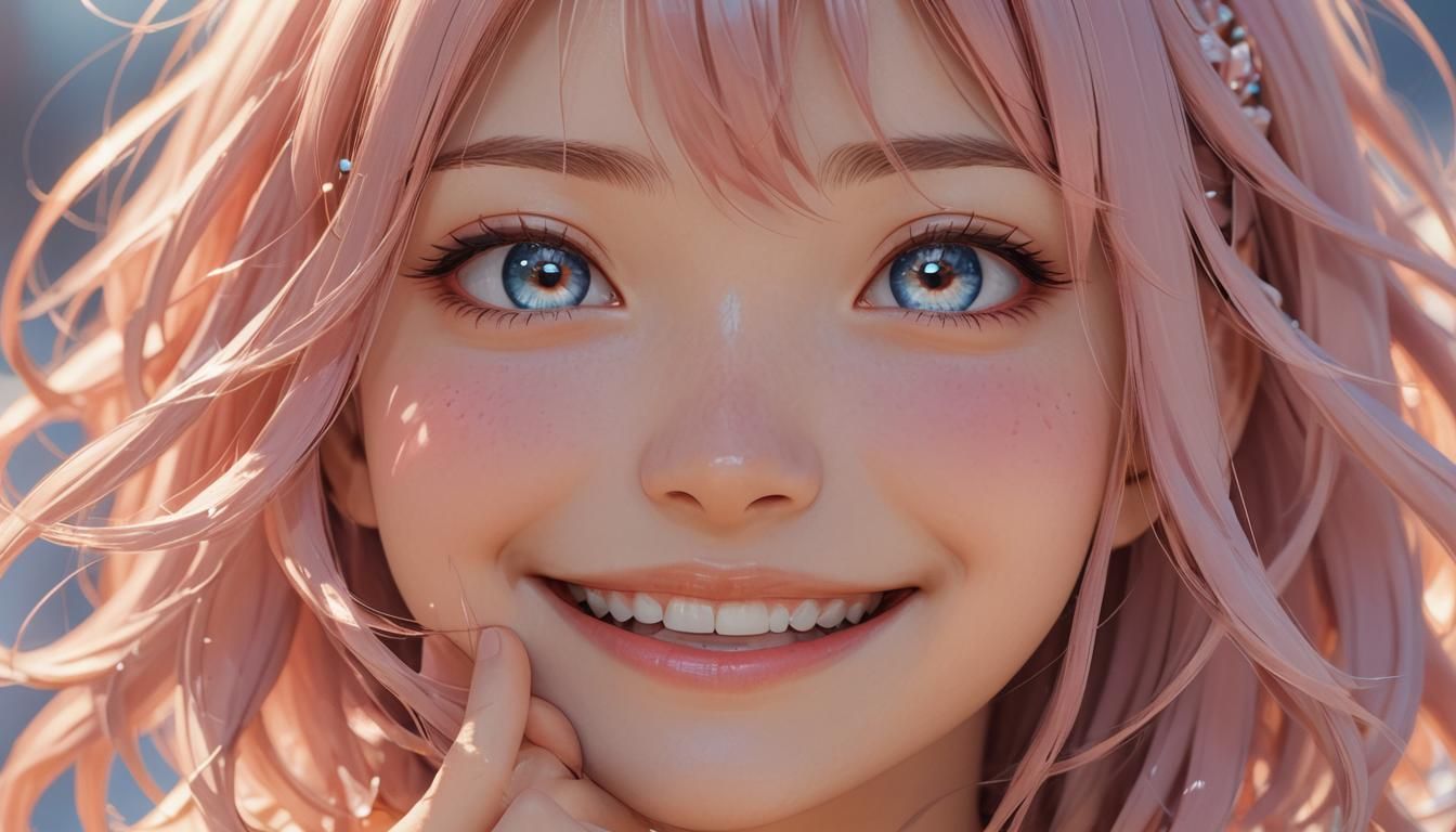 Joyful Anime Girl Smiling, Close-Up Portrait in 3D