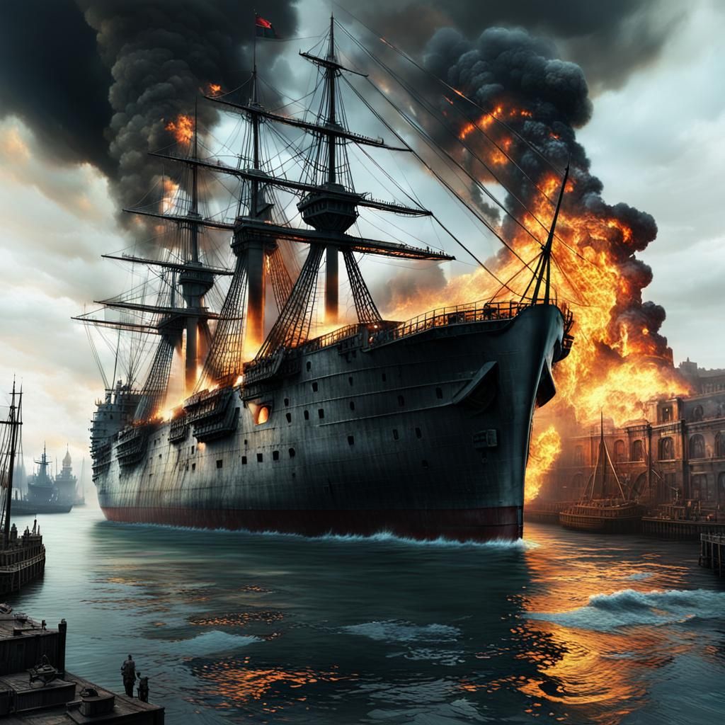 Burning Ironclad Ship in Harbor: Rembrandt-Style Digital Art