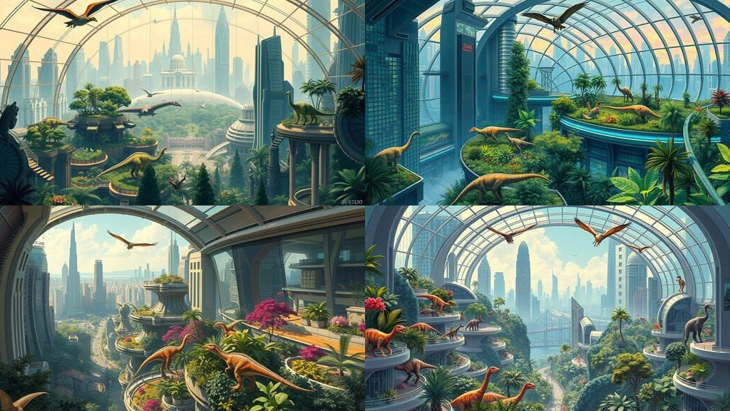 Futuristic Biodome with Dinosaurs in Utopian Cityscape