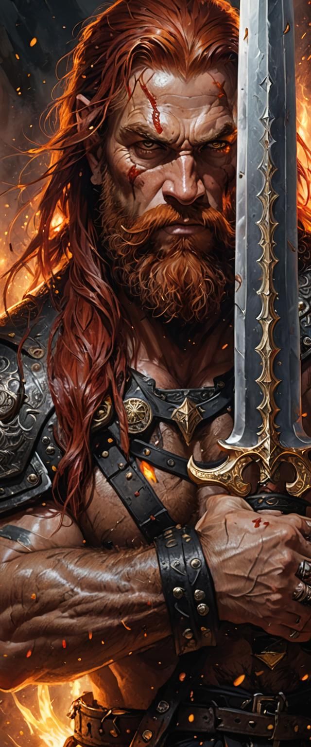 Dwarven Warrior Portrait with Sword, Digital Art