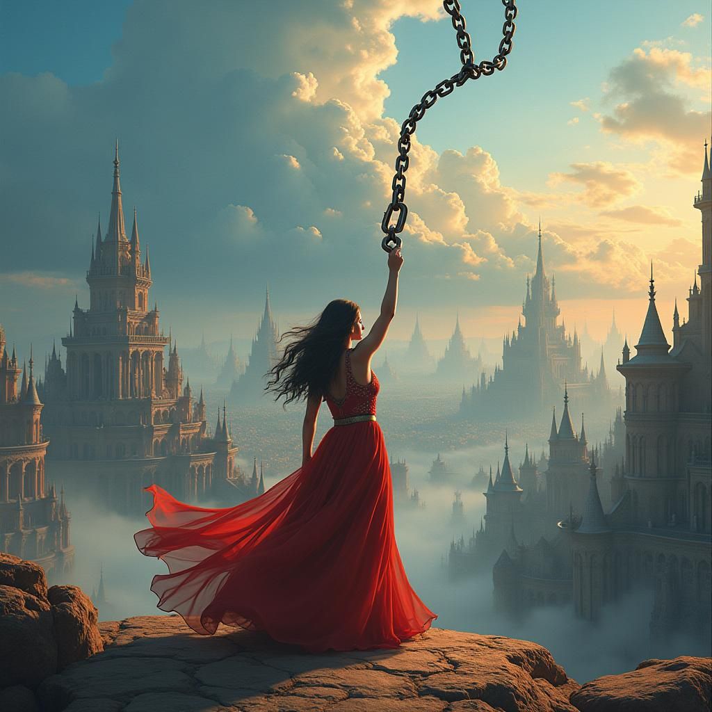 Heroic Woman in Surreal Cityscape Fantasy Art