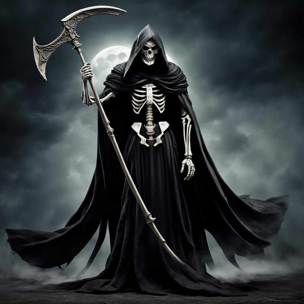 Create a stunning and ominous full-body photograph of the Reaper skeleton, holding a massive magical scythe, wearing bla...