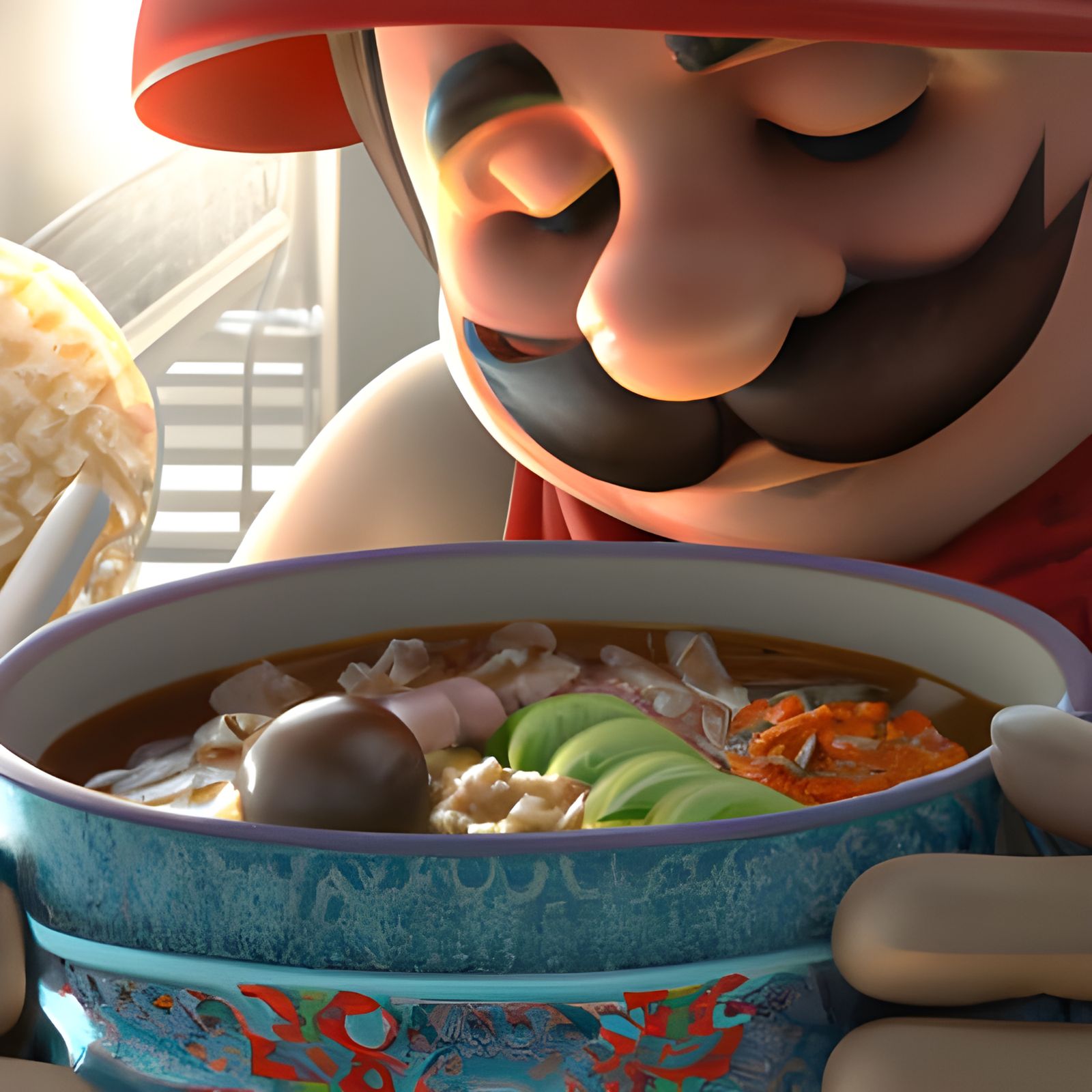 Mario's Ramen Feast: 3D Render in Pixar Style