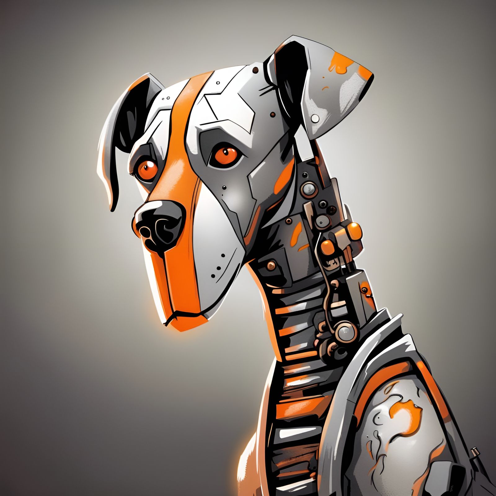 Robotic Dog Portrait in Comic Style, Tim Burton Aesthetic