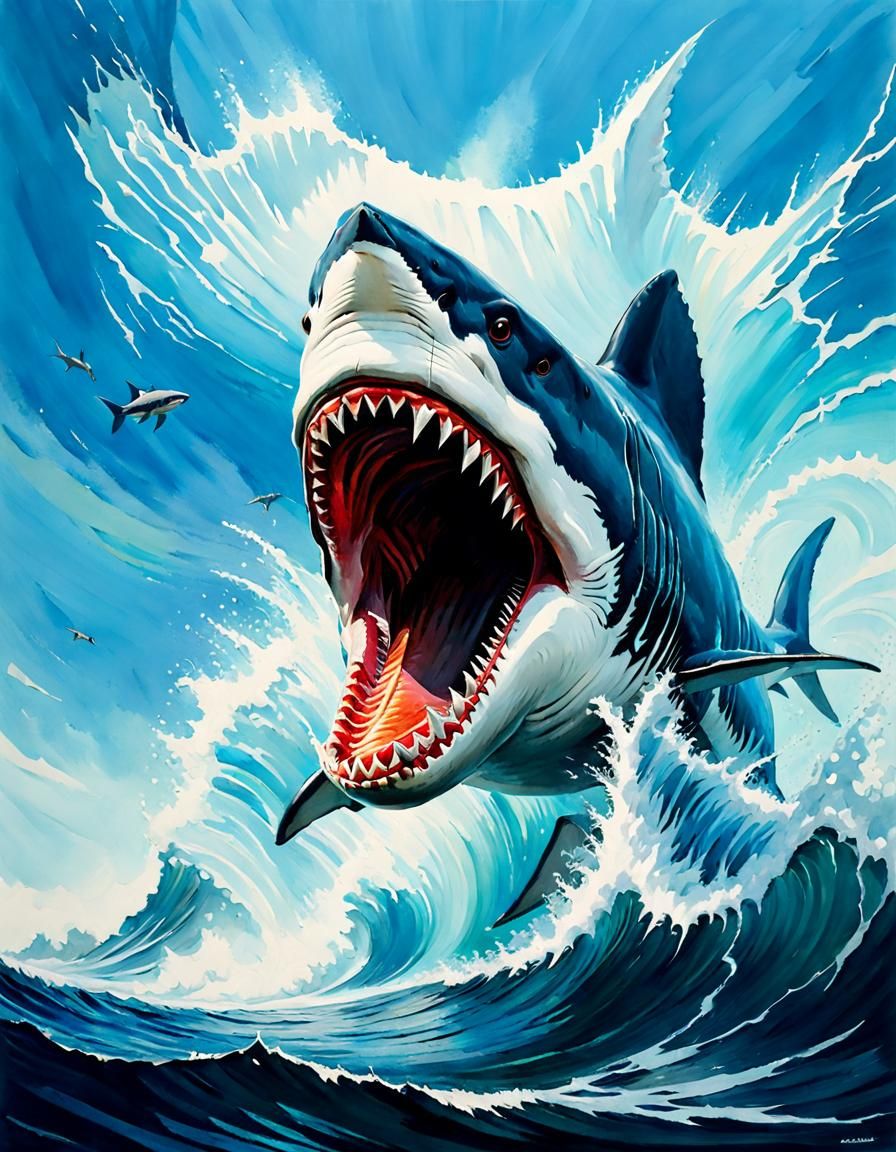 Megalodon Shark Leaping, Gouache and Watercolor Style