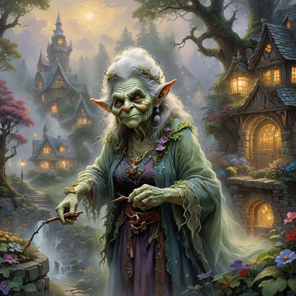 Ethereal Old Lady Troll in Fantasy Landscape