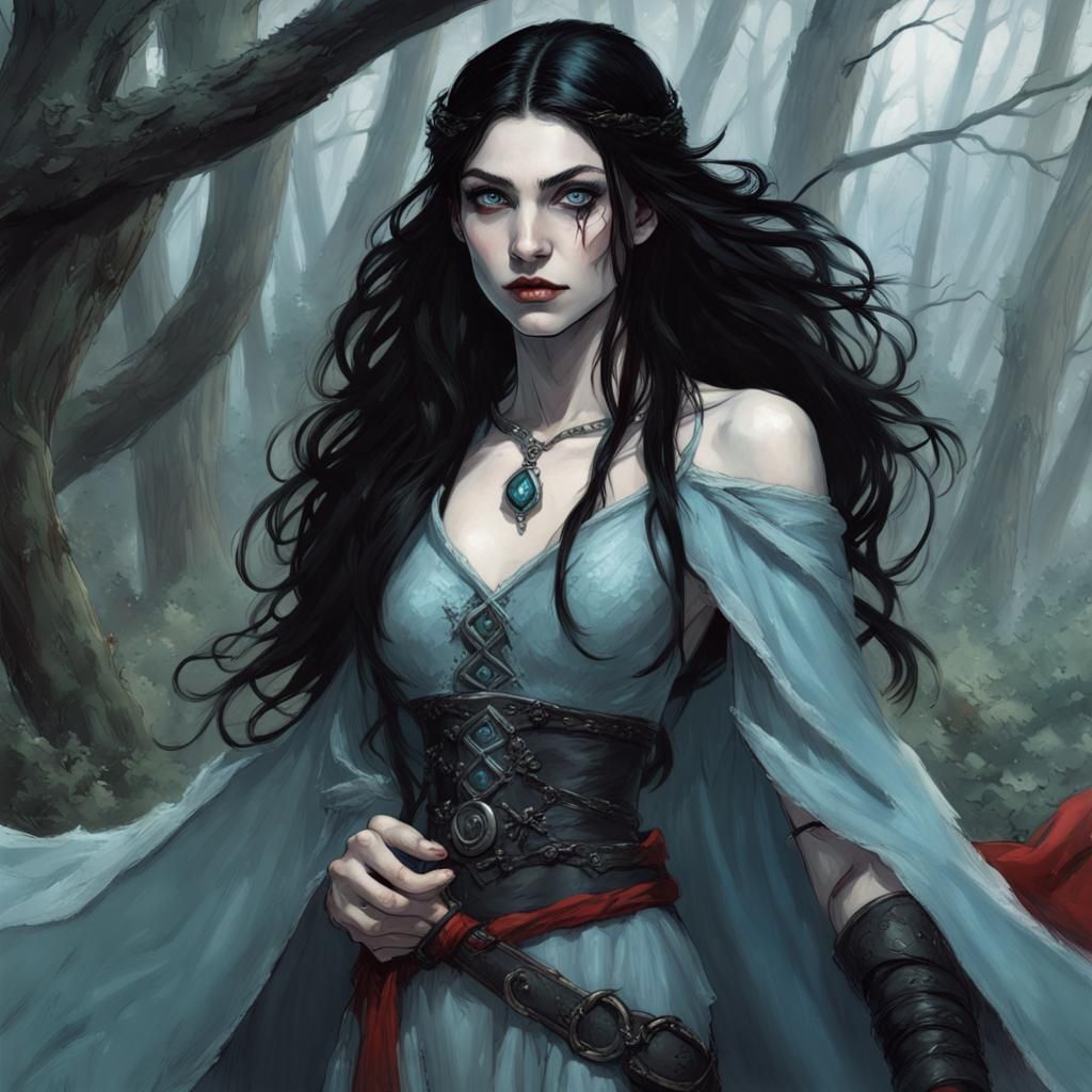 Half-Elf Sorceress in Forest, Horror Art