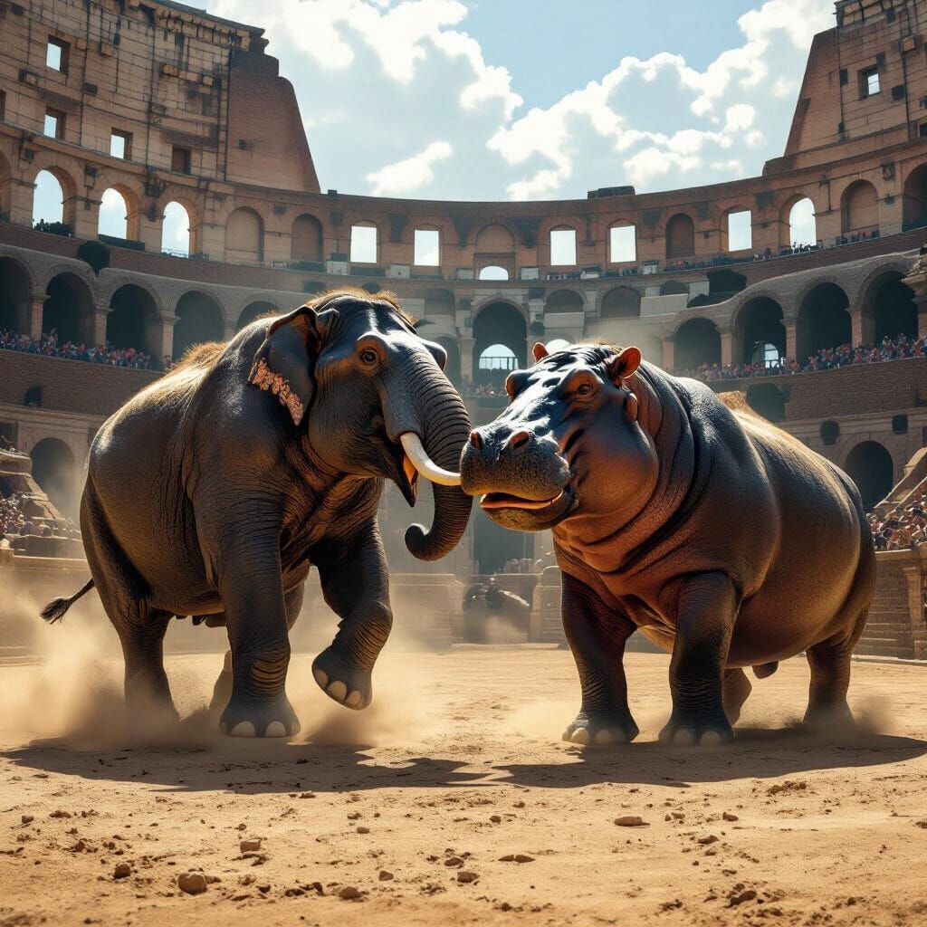 Elephant and Hippo Battle in Roman Colosseum