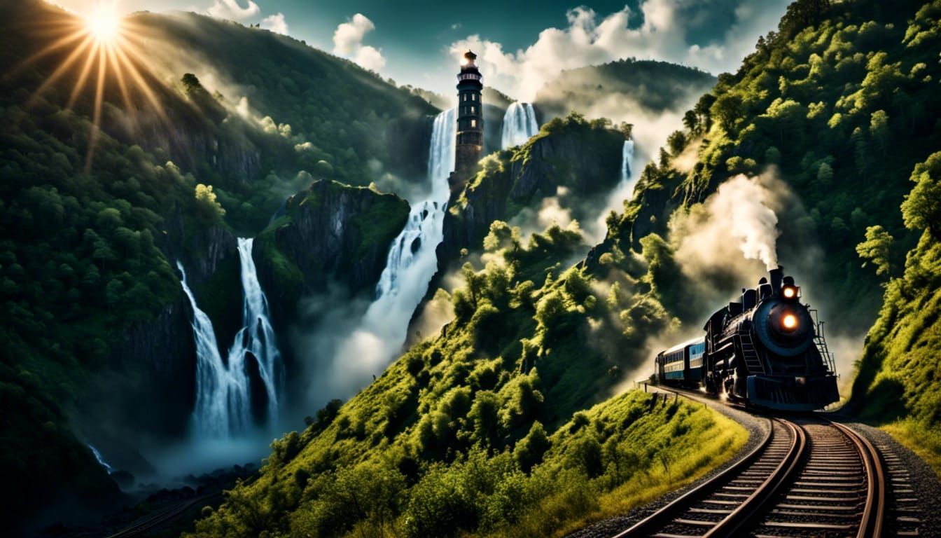 Train Journey Through Mountain Waterfall Landscape