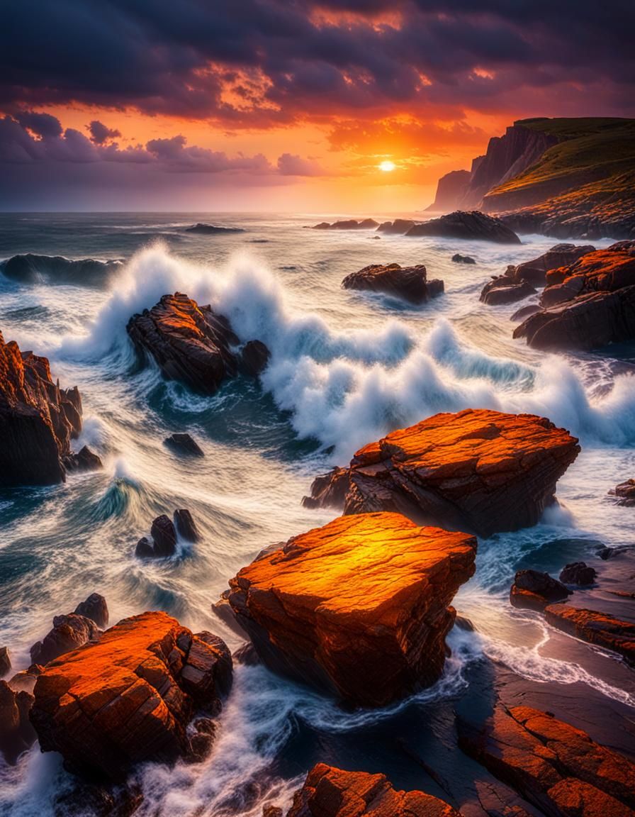 Dramatic Sea Meets Fiery Sky Landscape Photo
