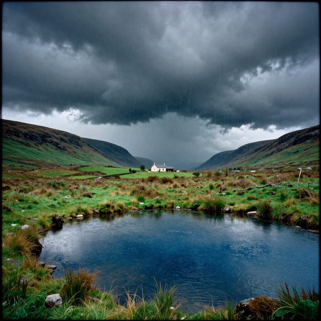 Dramatic Storm Over Scottish Landscape with Reflecting Pond