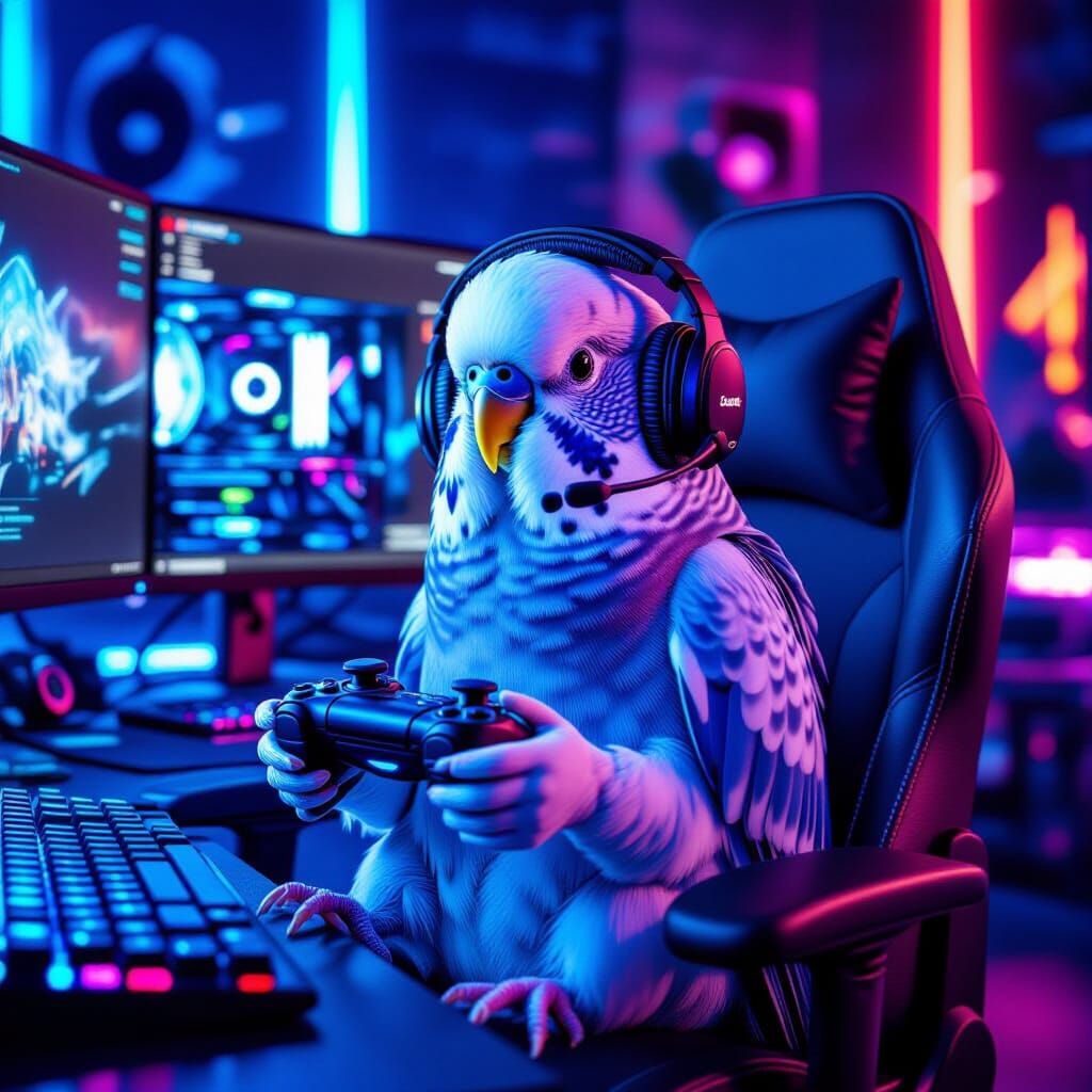 Gamer Budgie in High-Tech Setup