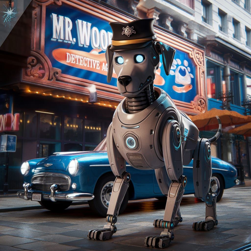 Robotic Dog Detective Movie Poster in Detailed Matte Paintin...