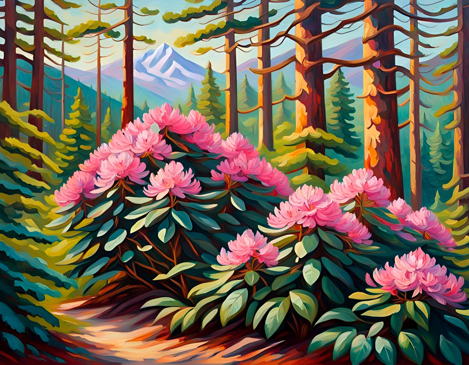 Rhododendron in Pine Forest: Neo-Impressionist Oil Painting