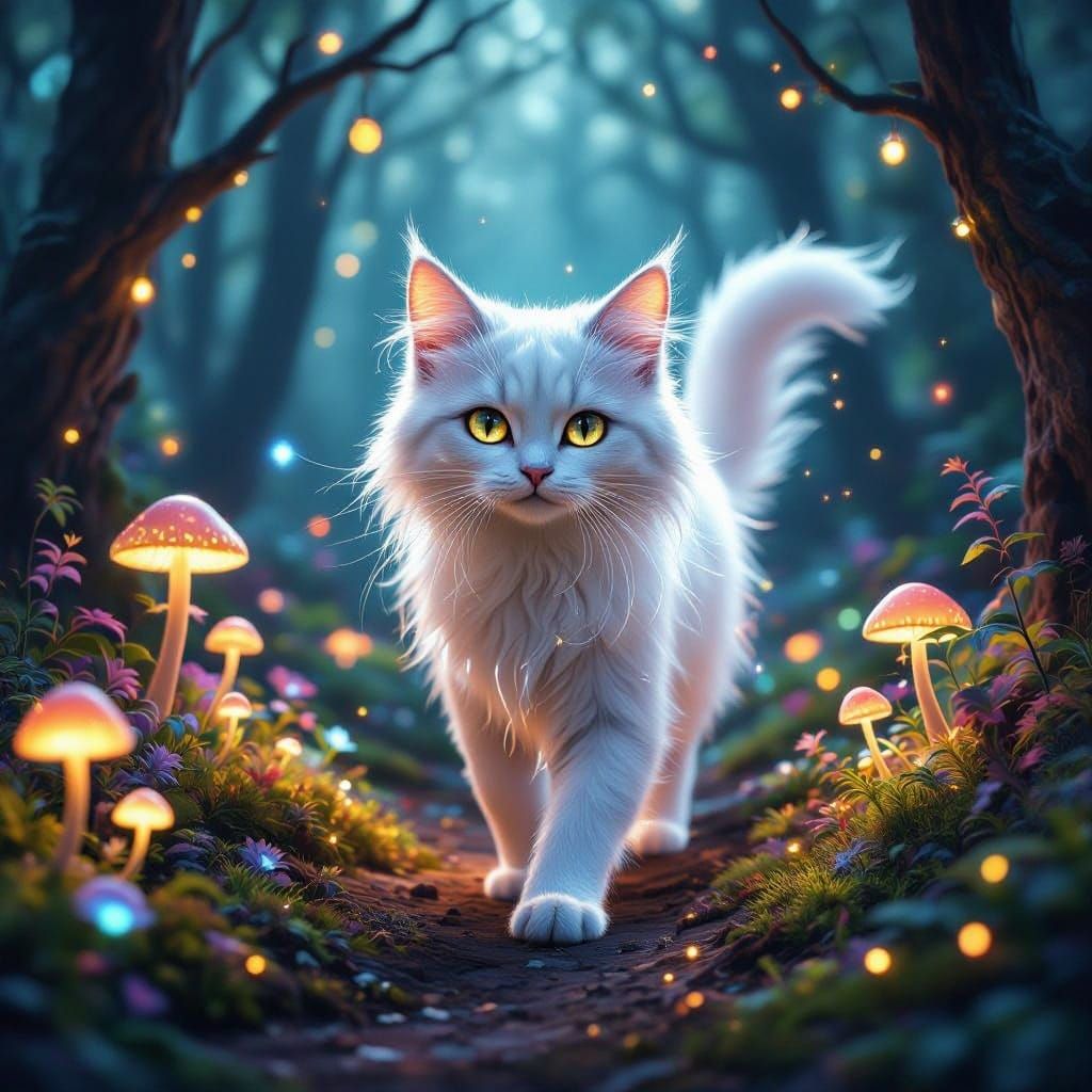 Whimsical Forest Cat in Bioluminescent Glade