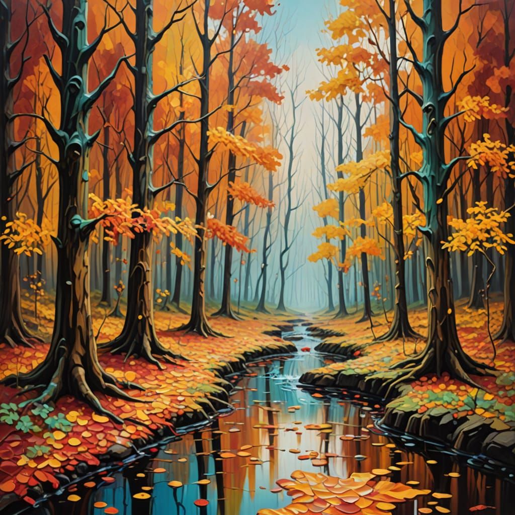 Autumn Forest Flows Onto Studio Floor in Expressionist Oil P...