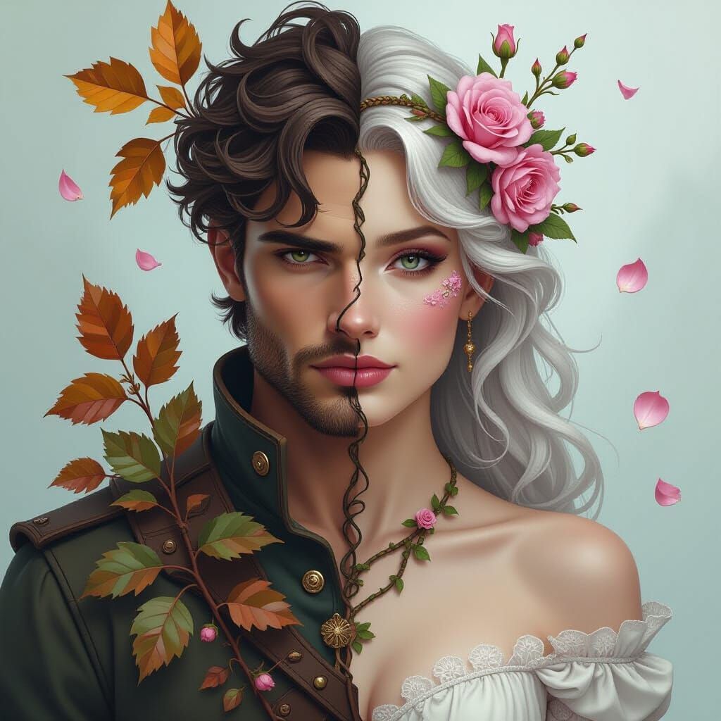 Androgynous Nymph Figure with Floral and Earthy Elements