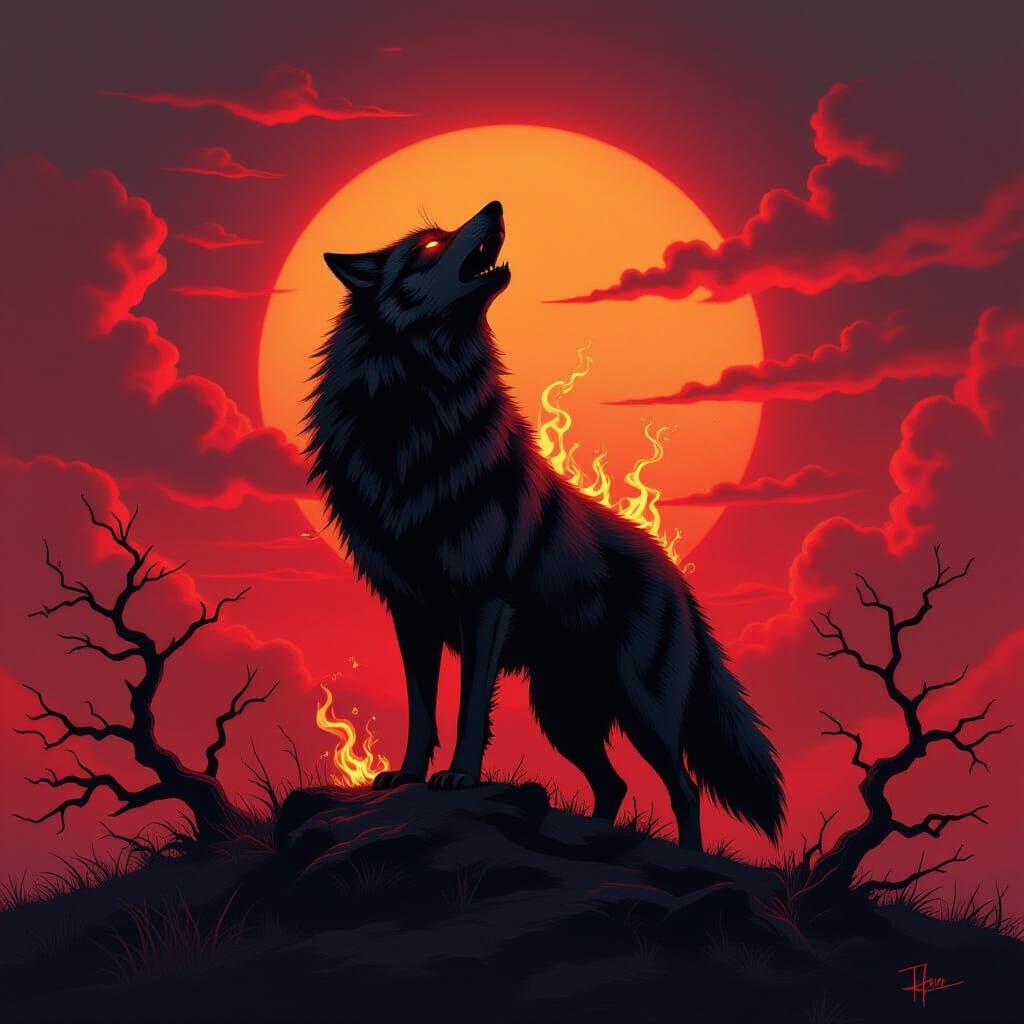 Spectral Wolf Howling at Blood-Red Sunset