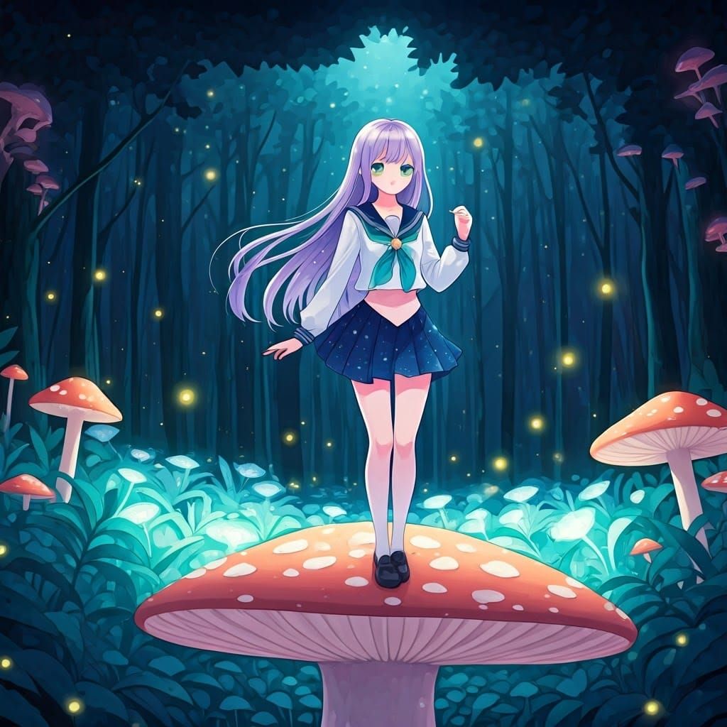 Whimsical Sailor Girl in Dreamlike Forest