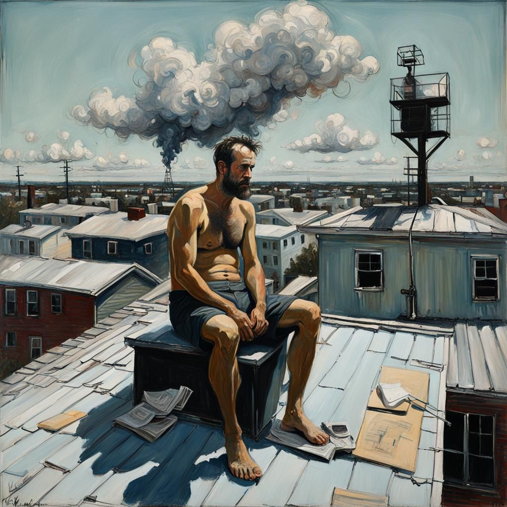 Florida Man on Roof: Oil Painting