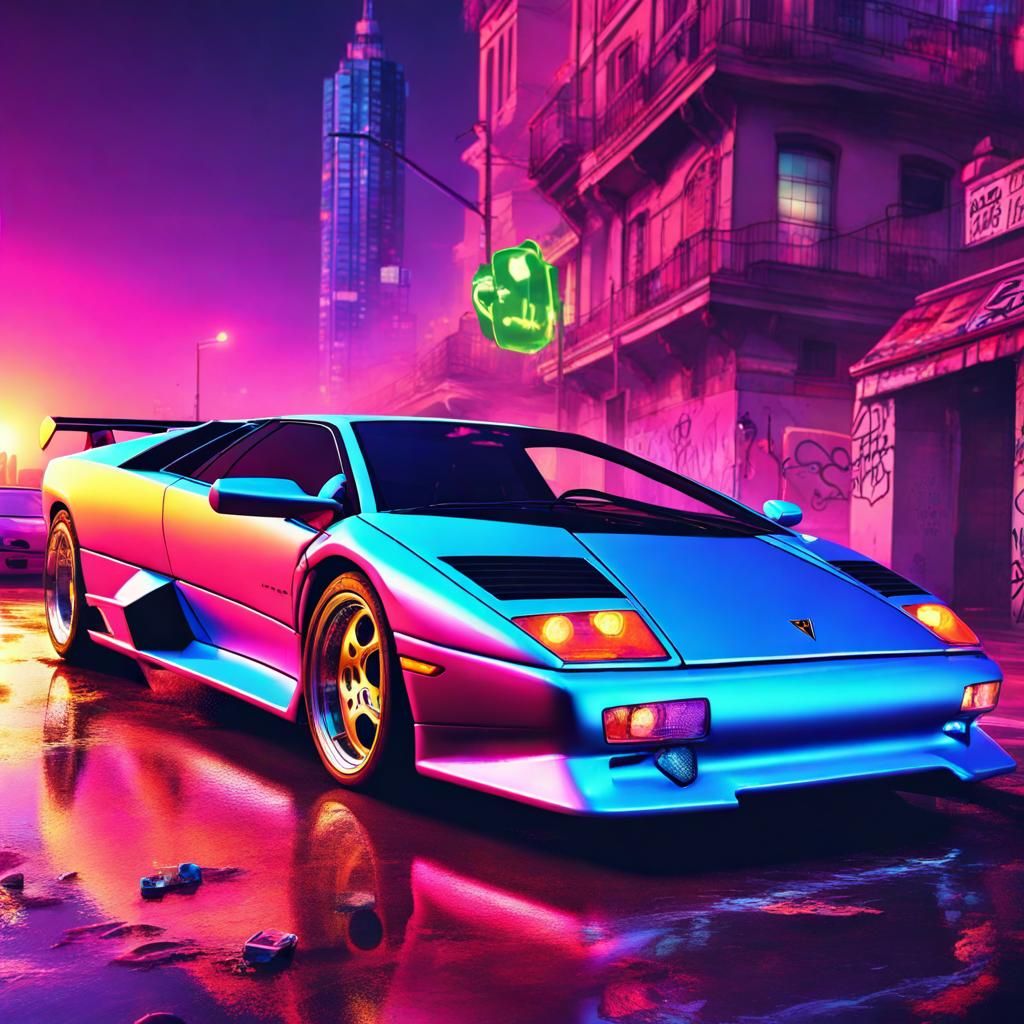 Lamborghini Diablo in Neon Cityscape: Synthwave Style