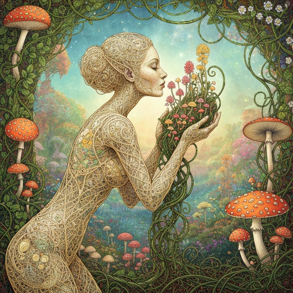 Filigree Woman in Surreal Garden, Klimt & Haeckel Style