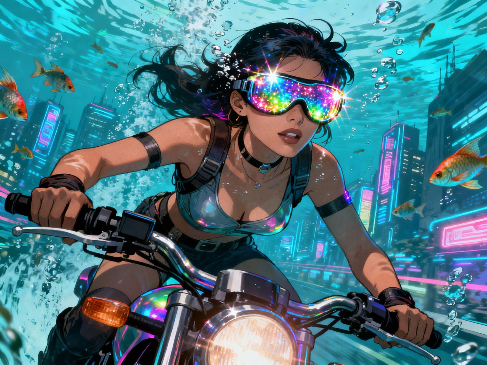 Cyberpunk Girl Drives Motorcycle in Underwater City