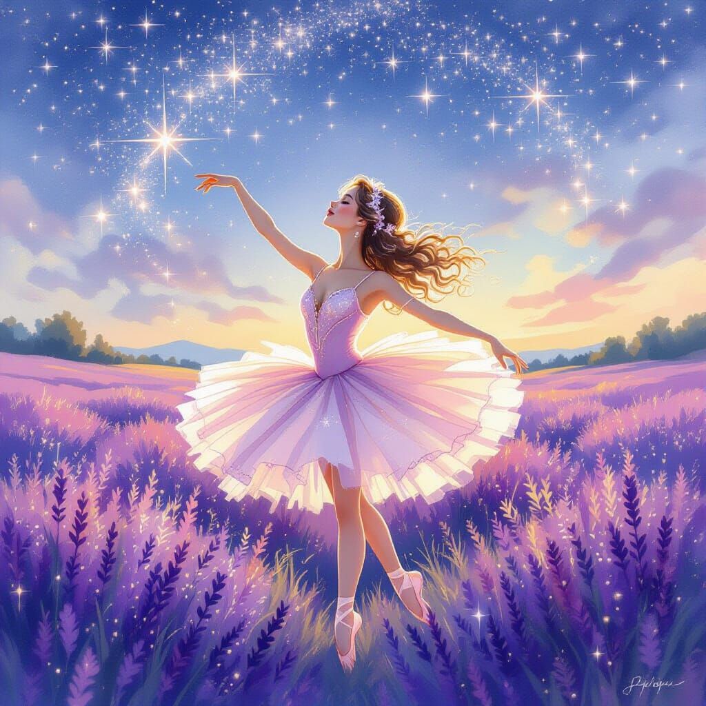 Ballerina in Rose-Gold Tutu Dancing in Lavender Field