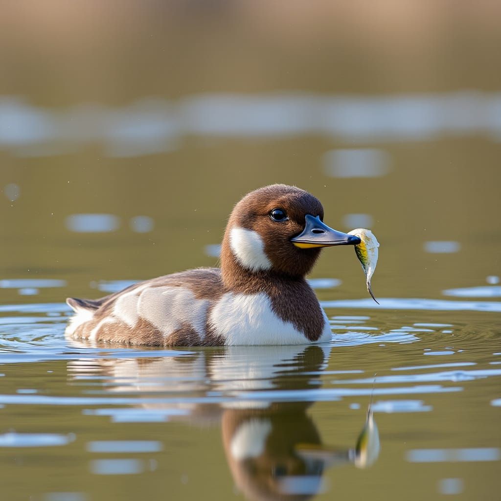 Adorable Duck Swims With Fish, Water Ripples and Bokeh