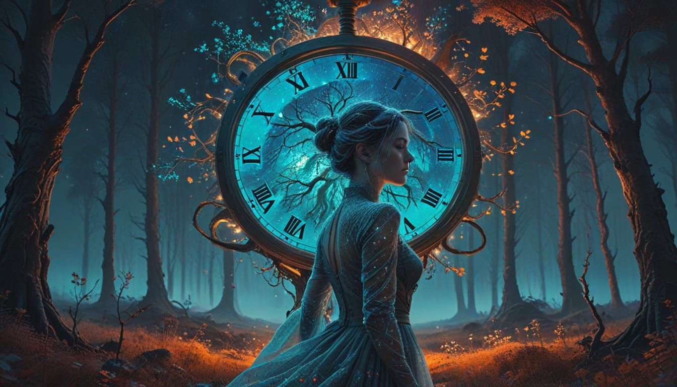 Woman in Luminescent Clock Tree Forest, Digital Art