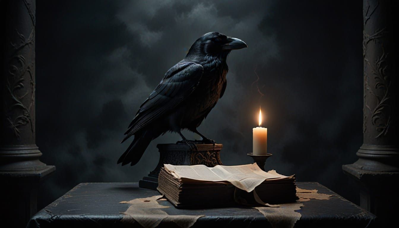 Mysterious Raven in Candlelit Study