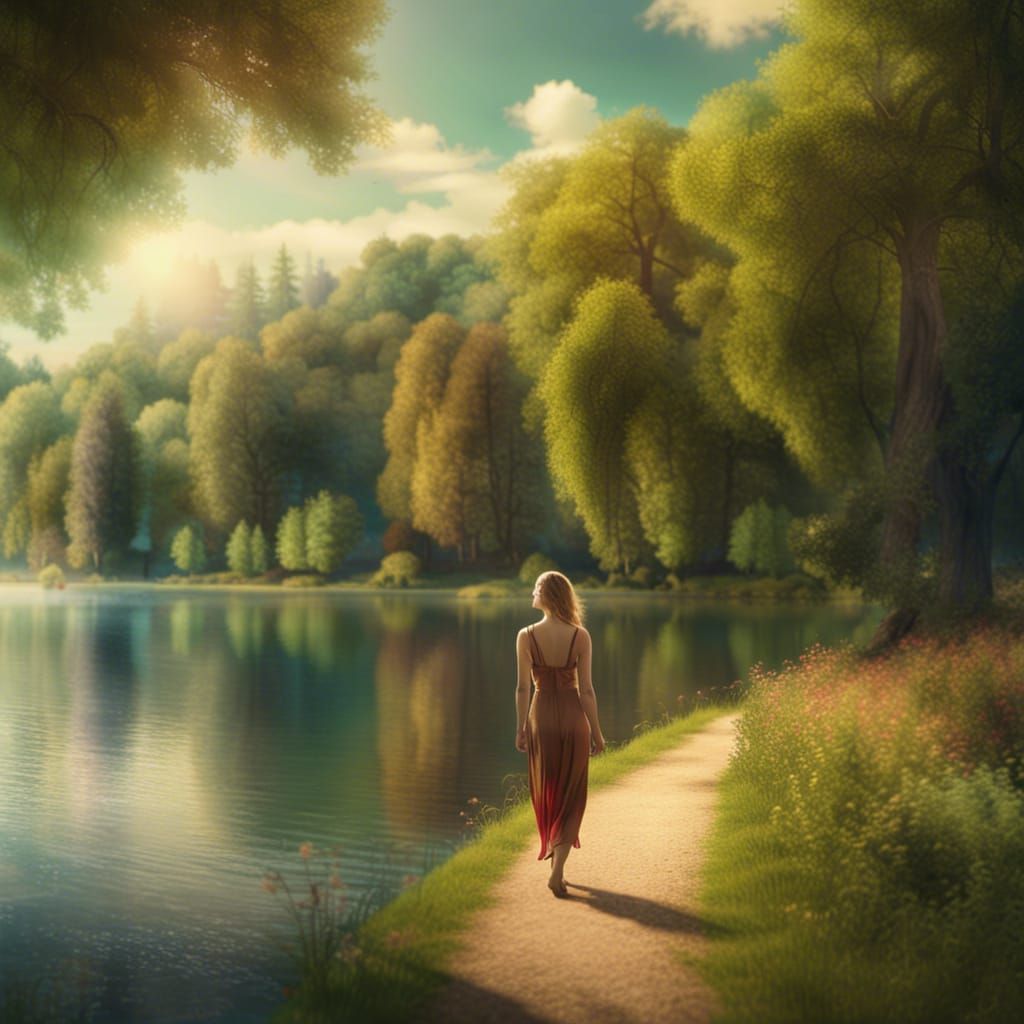 Woman Walks by Lake: Detailed Digital Matte Painting