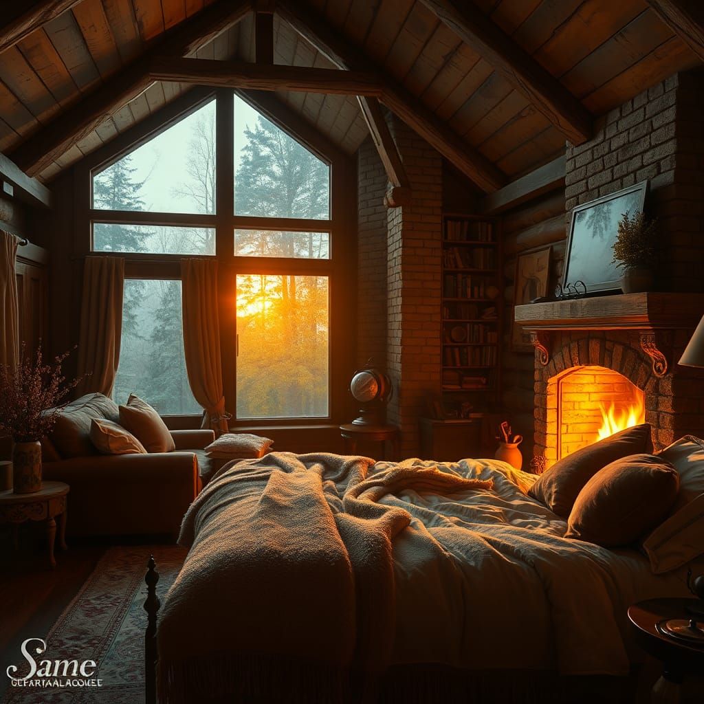 Cozy Bedroom with Fireplace in Futuristic Realism