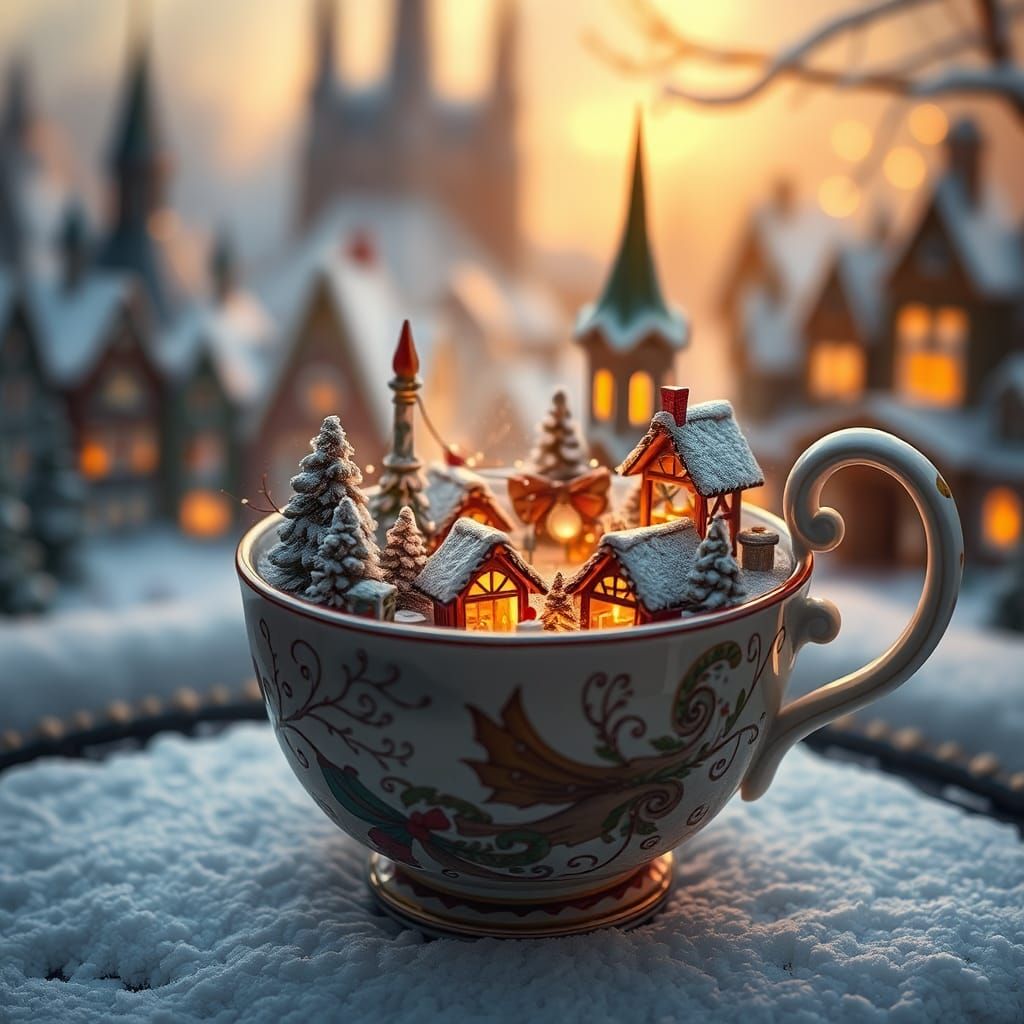 Miniature Christmas Market Inside Porcelain Cup, Snow City