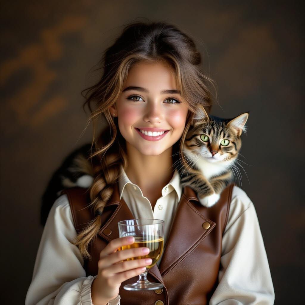 Young Woman with Cat and Drink, Realistic Style