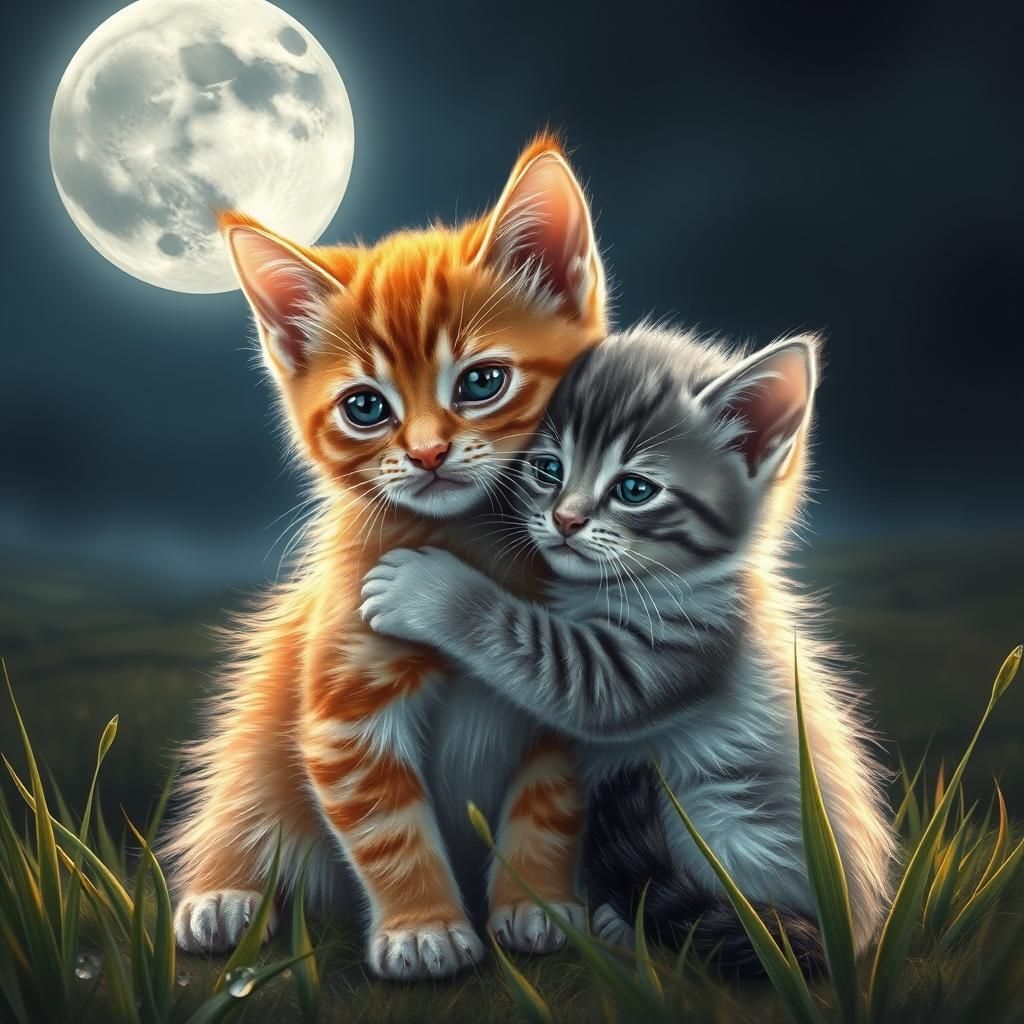 Kittens Hugging Under Moonlight, Digital Airbrush Art