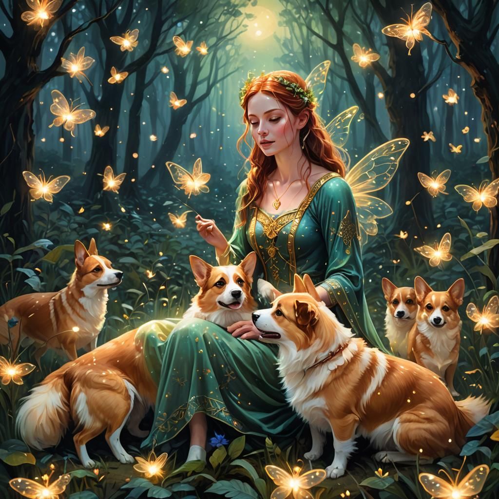 Irish Fairy Rides a Corgi in Magical Forest