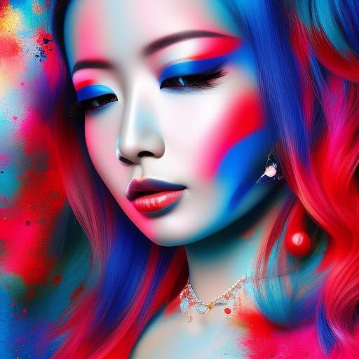 Japanese Girl Portrait with Red and Blue Airbrush