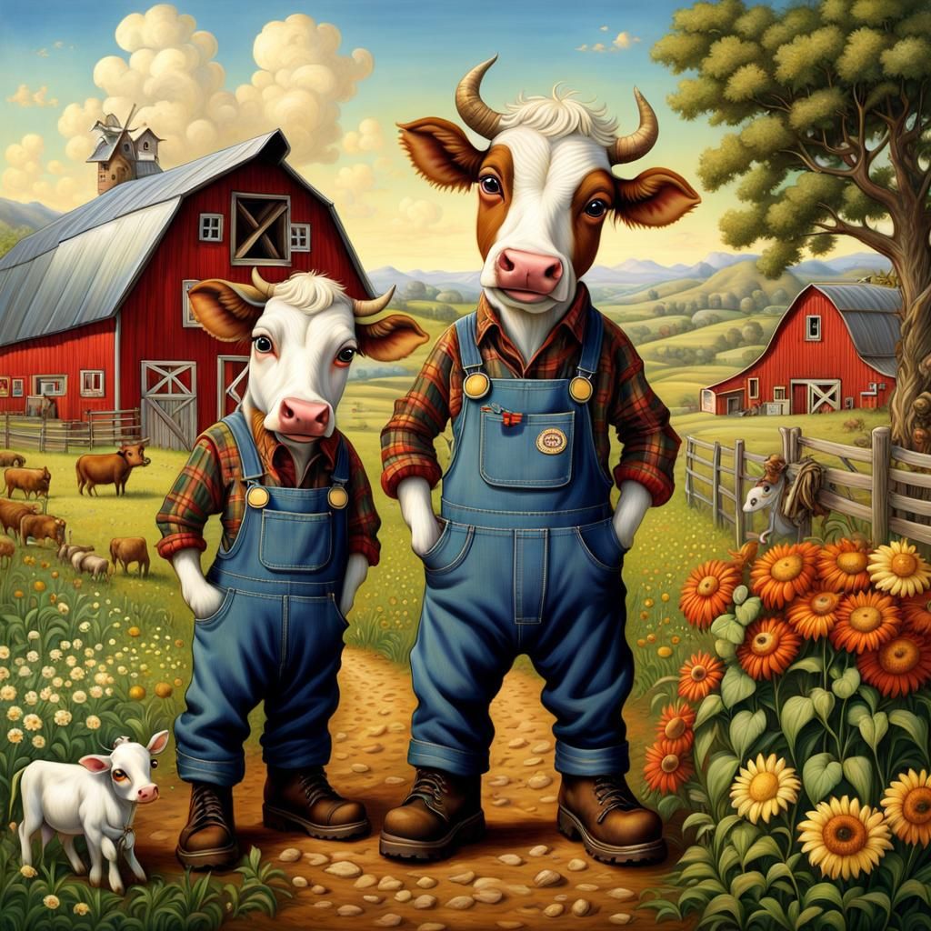 Anthropomorphic Cow Farmers in Surreal Style