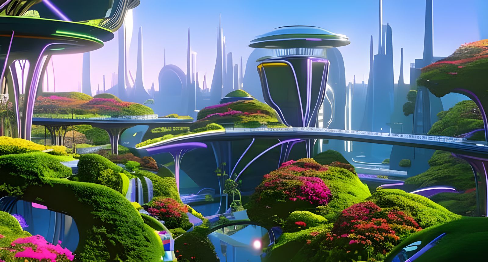 Cyberpunk City Park with Giant Flowers in Retrofuturism