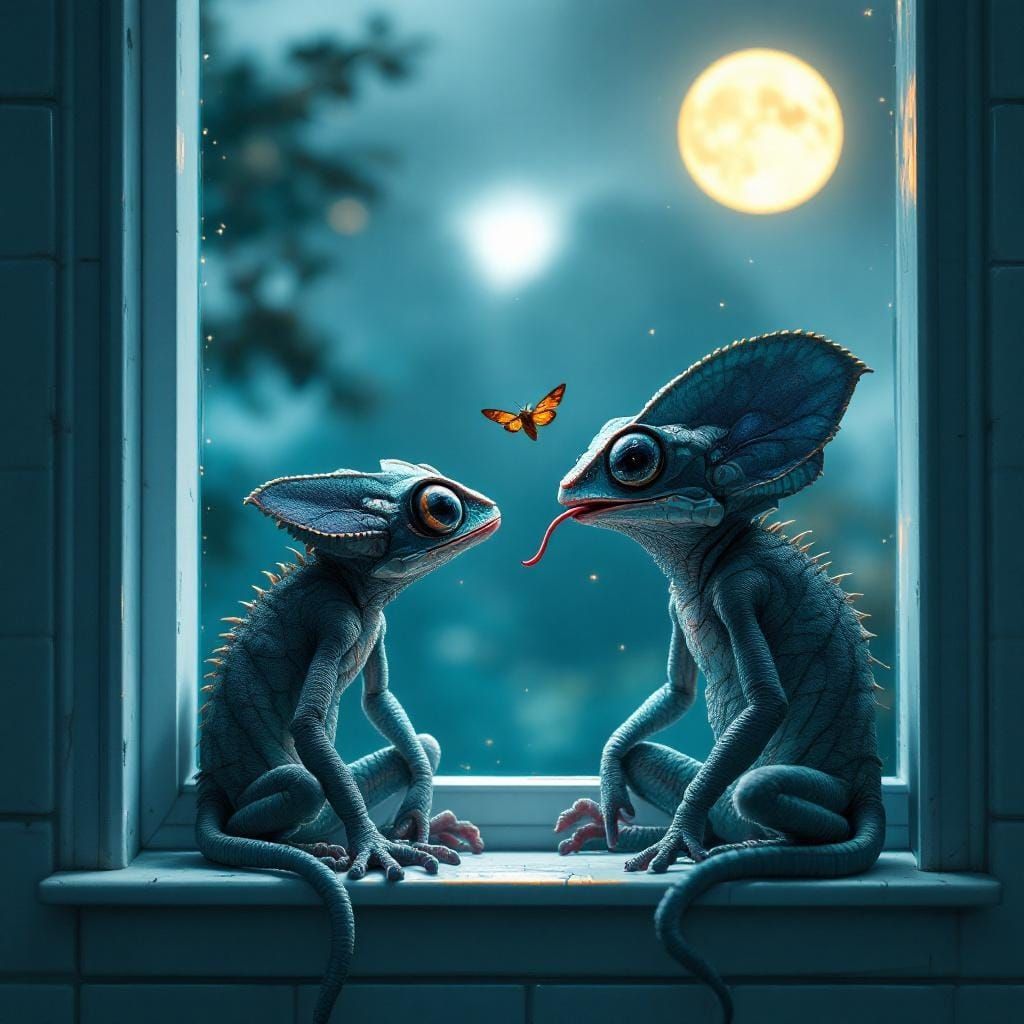 Chameleons and Moth in Dark Futuristic Moonlight