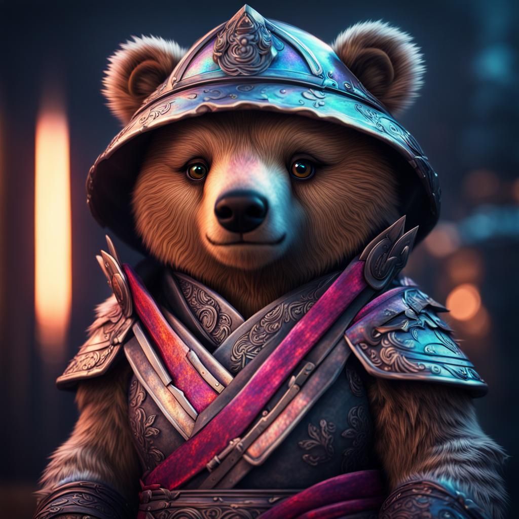 Holographic Grizzly Bear Samurai in Digital Photoillustratio...
