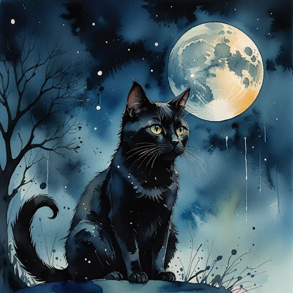 Dreamy Moonlit Feline in Whimsical Watercolor Style