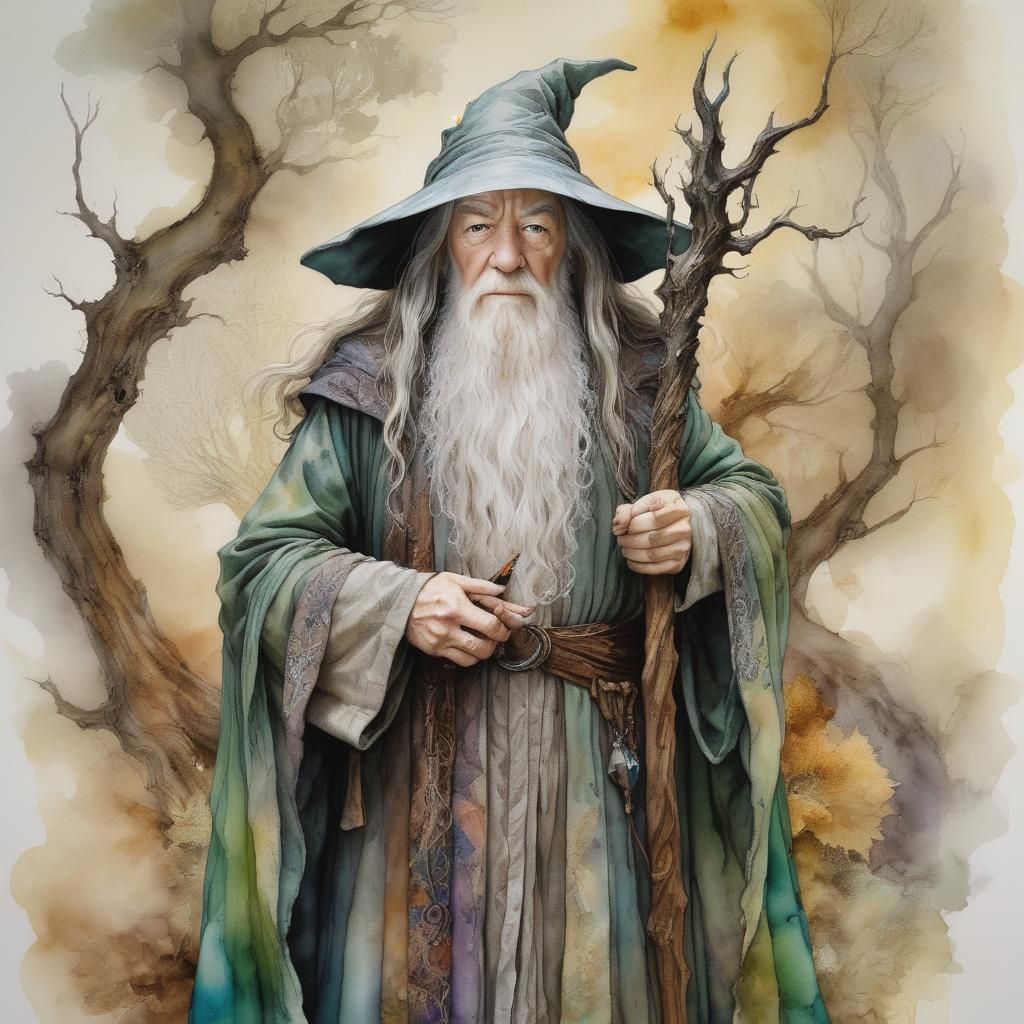 Gandalf Portrait in Lothlórien, Alcohol Ink Style