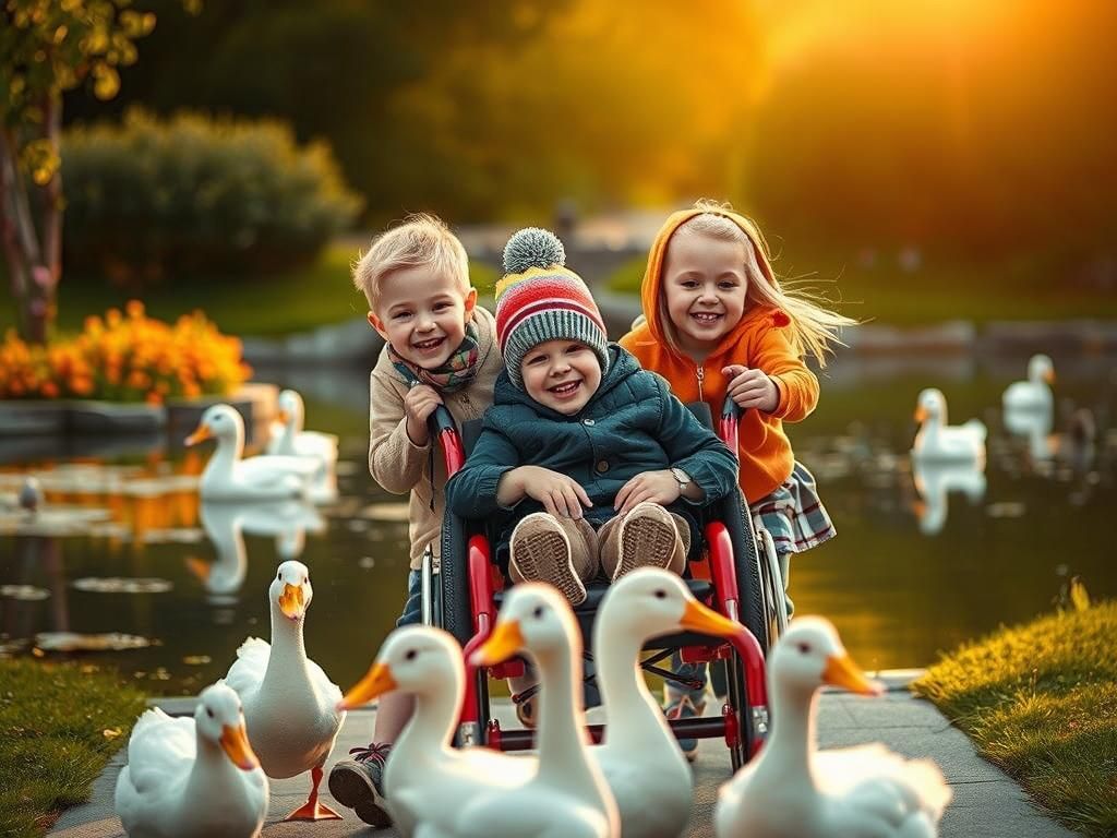 Siblings' Joyful Outing: Vintage Wheelchair and Dreamy Light...