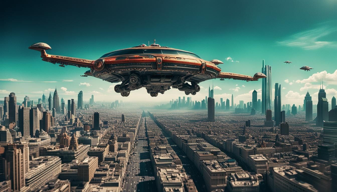 Ornate Cityscape with Flying Cars and Vivid Colors
